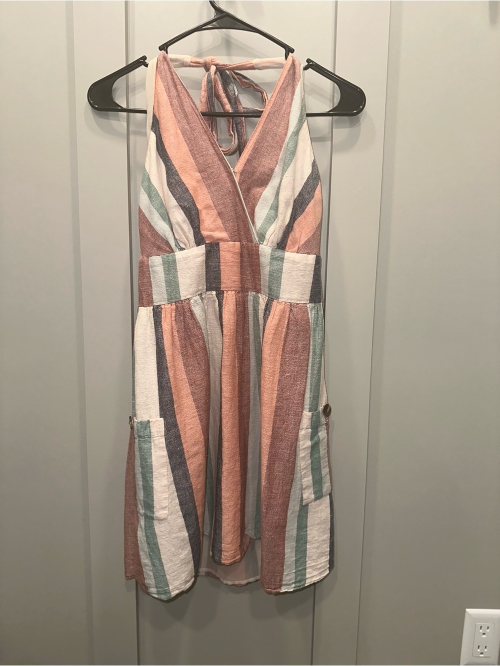 American Eagle Outfitters Striped Halter Mini Dress in Peach, White, Mint & Navy